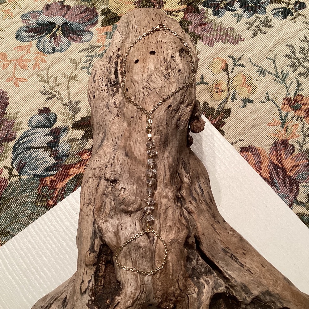 Gold HERKIMER Diamond Quartz Hand Chain Ring Bracelet 8”